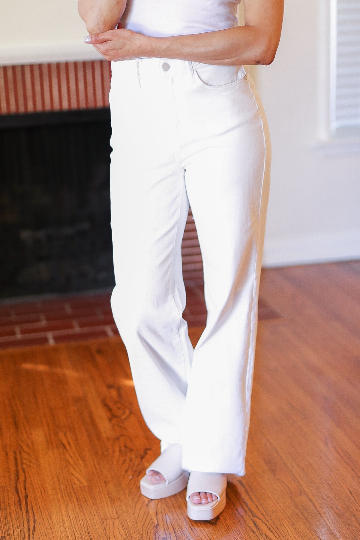 Judy Blue Above & Beyond White Braided Waist Wide Leg Jeans